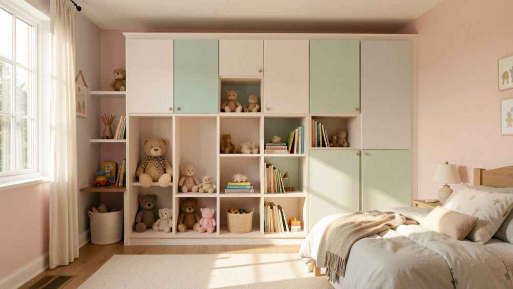 Chambre d’enfant lumineuse avec meubles gain de place et rangements intégrés, ambiance douce et familiale, jouets et livres bien organisés.