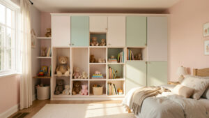 Chambre d’enfant lumineuse avec meubles gain de place et rangements intégrés, ambiance douce et familiale, jouets et livres bien organisés.
