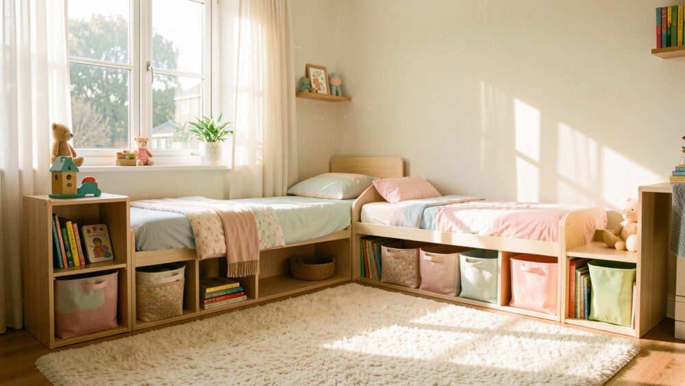 Chambre d’enfant lumineuse et chaleureuse avec mobilier modulable, rangements malins intégrés et ambiance douce en lumière du matin.