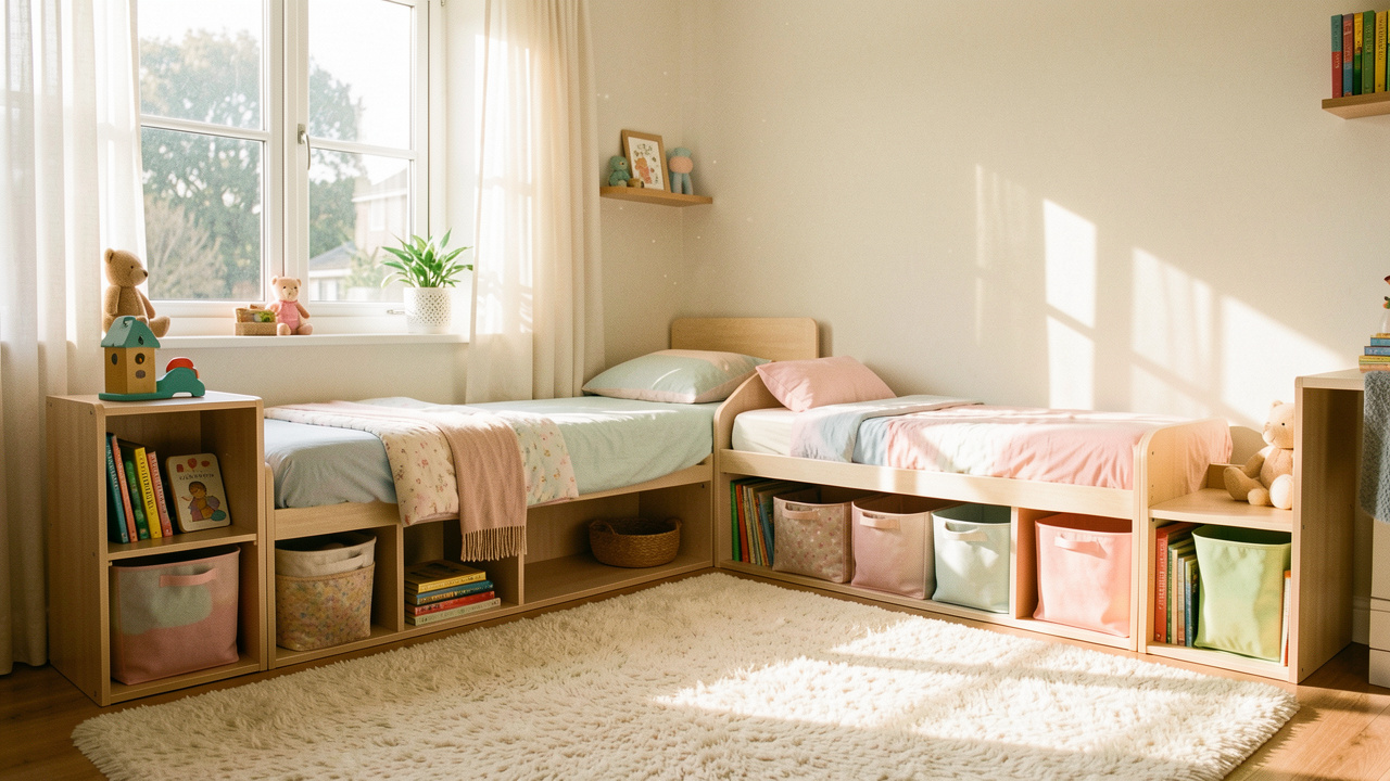Chambre d’enfant lumineuse et chaleureuse avec mobilier modulable, rangements malins intégrés et ambiance douce en lumière du matin.