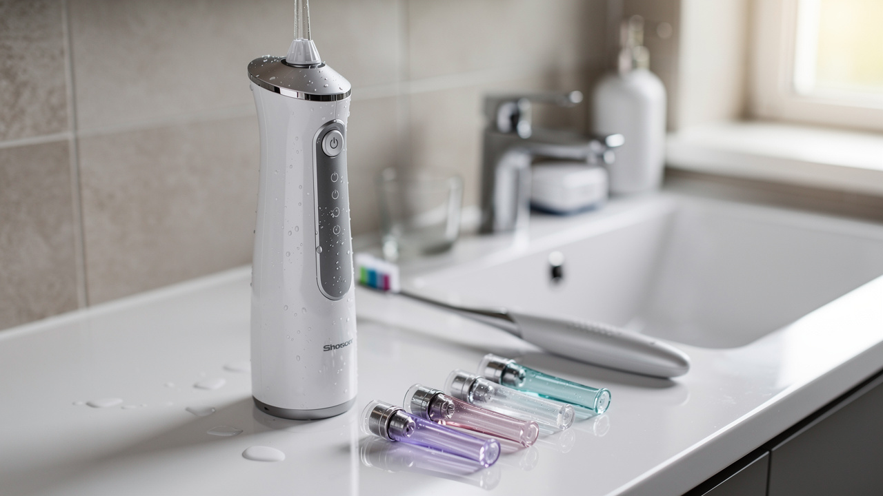 Gros plan sur un hydropulseur rechargeable, ses embouts et des accessoires d’hygiène bucco-dentaire disposés sur un lavabo.