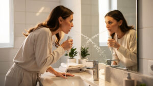 Un parent utilise un hydropulseur dentaire dans une salle de bain moderne, devant le miroir, ambiance familiale et sobre.