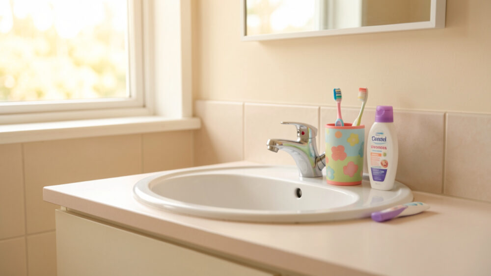 Salle de bain familiale lumineuse, ambiance douce, avec des accessoires d’hygiène dentaire pour enfant disposés sur un plan de toilette clair.