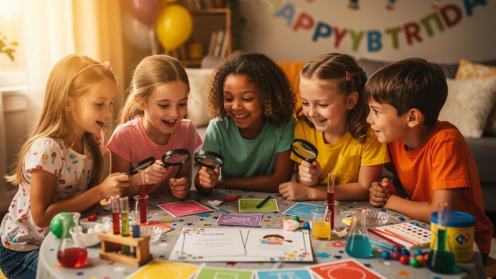 Huit enfants de huit ans, quatre filles et quatre garçons, réunis autour d’une table d’anniversaire avec des indices colorés vierges et du matériel d’expériences scientifiques, dans une ambiance chaleureuse et réaliste.