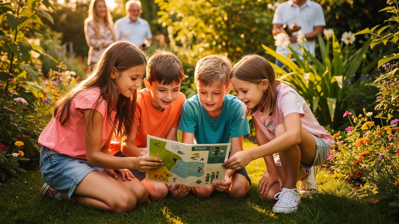 Quatre enfants explorent un jardin en équipes avec une carte illustrée, tandis que deux parents les observent discrètement à l’arrière-plan.