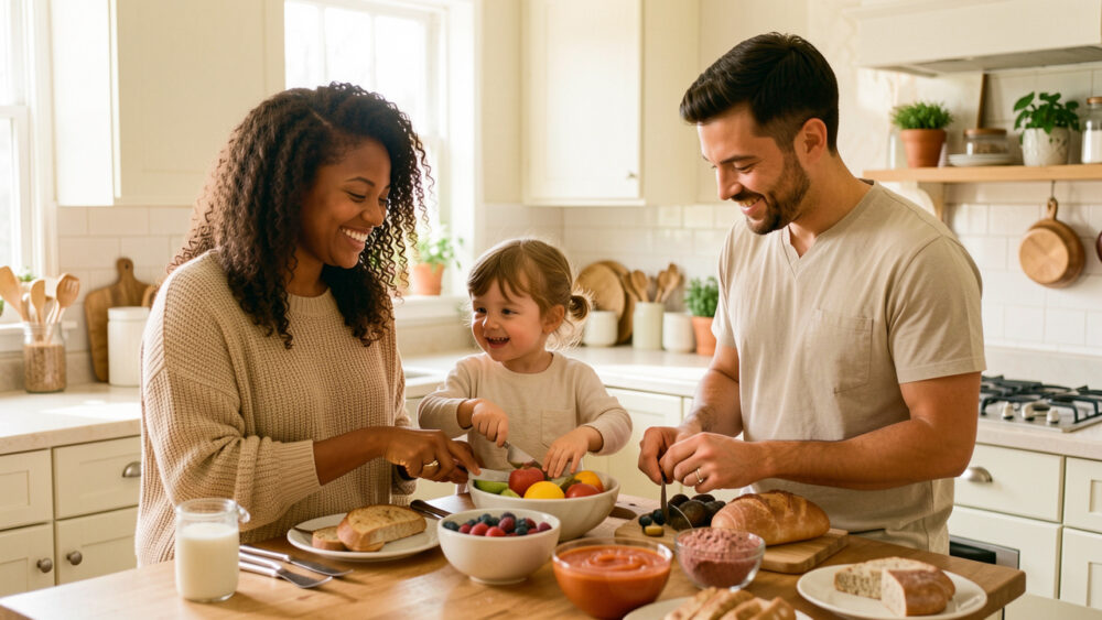 Une famille LGBTQIA+ diverse composée de deux femmes, d’un homme et d’un enfant prépare joyeusement le petit-déjeuner dans une cuisine lumineuse et chaleureuse.