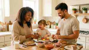Une famille LGBTQIA+ diverse composée de deux femmes, d’un homme et d’un enfant prépare joyeusement le petit-déjeuner dans une cuisine lumineuse et chaleureuse.