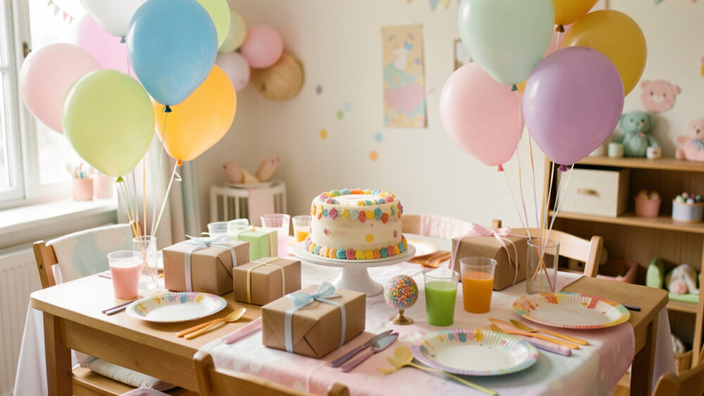 Table de fête colorée pour un anniversaire d’enfant, décorée de ballons pastel, d’un gâteau et de cadeaux dans une ambiance familiale chaleureuse.