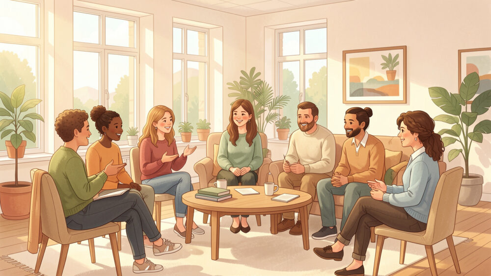 Illustration chaleureuse de mères et de pères assis en cercle autour d’une animatrice lors d’un atelier de parentalité dans une salle lumineuse à Rosheim.