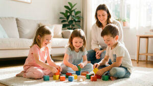 Trois enfants de huit ans jouent calmement sur un tapis dans un salon lumineux, sous le regard attentif d’une mère en arrière-plan.