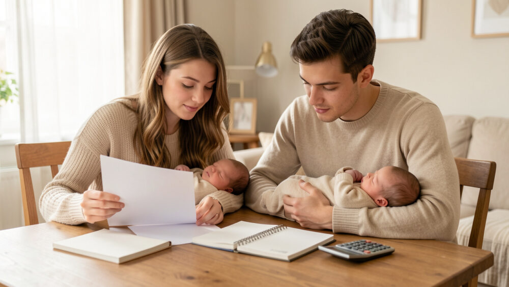 Jeune couple avec un nouveau-né endormi, assis à une table et consultant ensemble des documents vierges dans une ambiance familiale éclairée par une lumière douce.