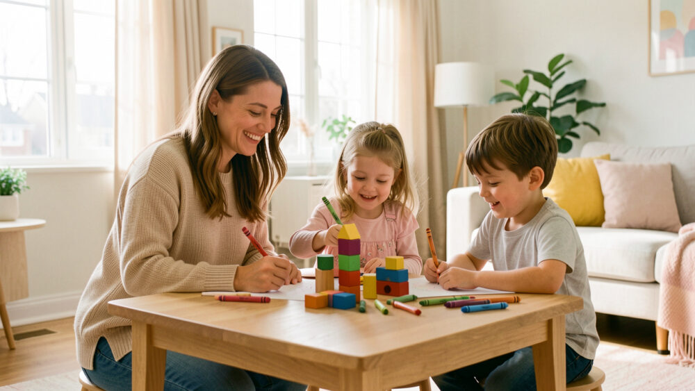 Une mère et deux enfants dessinent et construisent avec des cubes autour d’une table dans un salon lumineux et chaleureux.