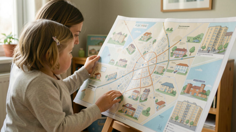 Une mère seule et son jeune enfant étudient une carte de ville pour comparer les crèches, l’école, les transports et les logements.