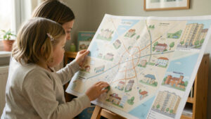 Une mère seule et son jeune enfant étudient une carte de ville pour comparer les crèches, l’école, les transports et les logements.