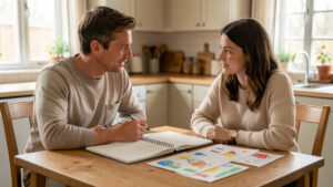Un homme et une femme échangent calmement à une table de cuisine, entourés d’un agenda familial vierge et de dessins d’enfant, dans une ambiance chaleureuse et lumineuse.