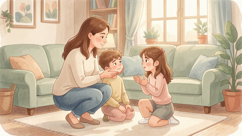 Illustration douce d’une mère accroupie à hauteur d’un garçon et d’une fille qui expriment calmement un désaccord dans un salon chaleureux.