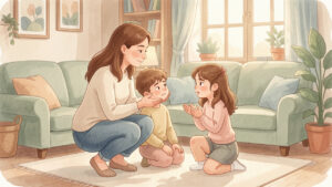 Illustration douce d’une mère accroupie à hauteur d’un garçon et d’une fille qui expriment calmement un désaccord dans un salon chaleureux.