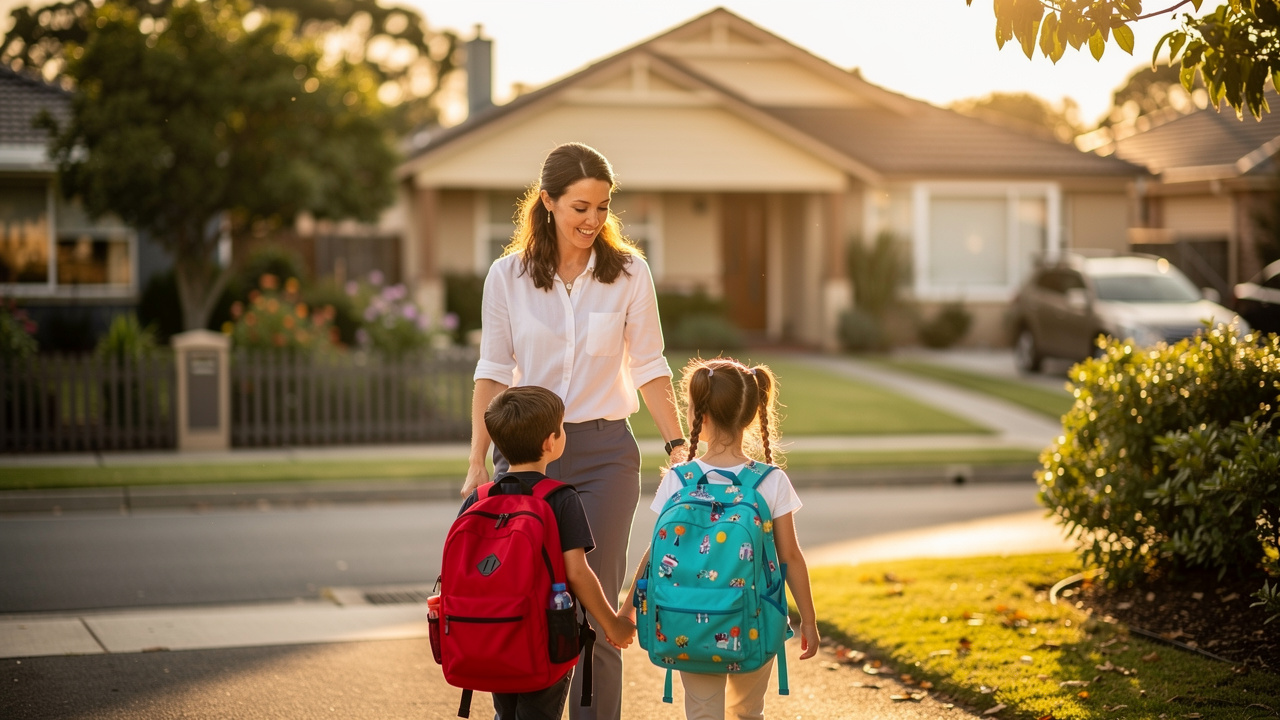 Une garde d’enfants accompagne un garçon et une fille portant leurs cartables dans une rue résidentielle baignée par la lumière douce de la fin d’après-midi.