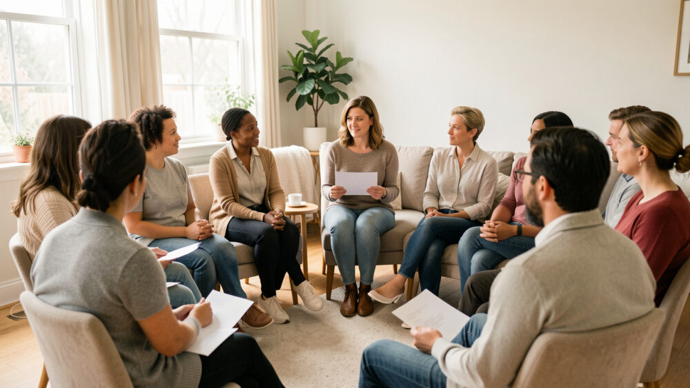 Groupe diversifié de mères et de pères assis en cercle dans une salle lumineuse, échangeant avec une animatrice bienveillante qui tient des cartes de discussion vierges.
