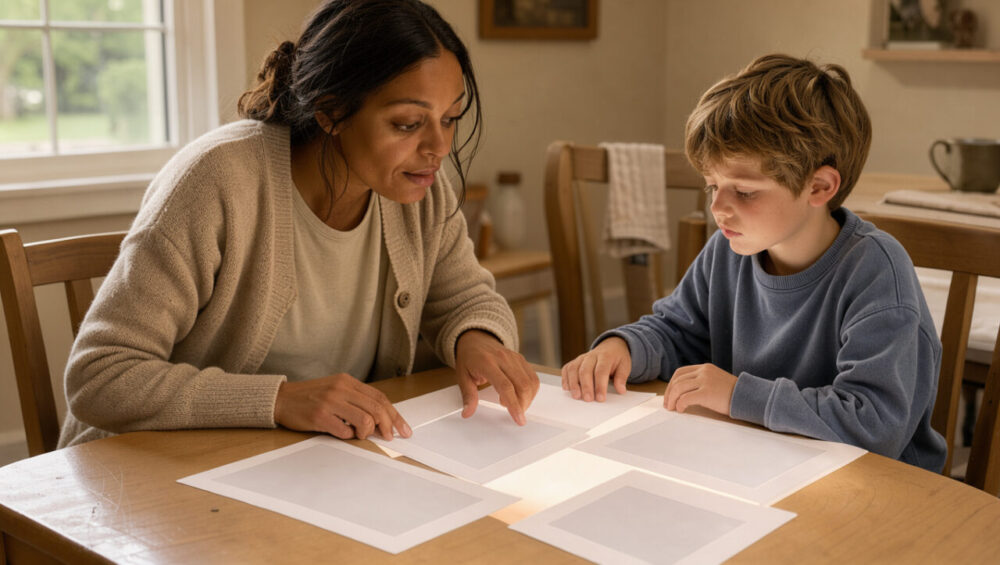 Une mère et son enfant consultent ensemble des supports visuels vierges à une table lumineuse, dans une ambiance rassurante et réaliste.