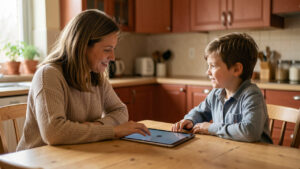 Une mère et son enfant discutent calmement autour d’une tablette éteinte, assis à une table dans une cuisine chaleureuse.