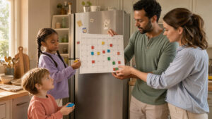 Un homme et une femme organisent un calendrier familial vierge dans une cuisine lumineuse, avec une fille et un garçon à proximité.